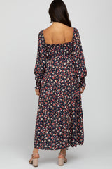 Navy Floral Long Sleeve Smocked Maxi Dress