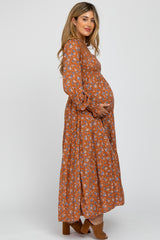 Rust Floral Long Sleeve Smocked Maternity Maxi Dress