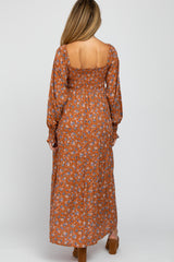 Rust Floral Long Sleeve Smocked Maternity Maxi Dress