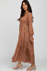 Rust Floral Long Sleeve Smocked Maxi Dress