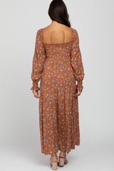 Rust Floral Long Sleeve Smocked Maxi Dress