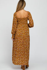 Mustard Floral Long Sleeve Smocked Maternity Maxi Dress