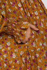 Mustard Floral Long Sleeve Smocked Maternity Maxi Dress