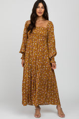 Mustard Floral Long Sleeve Smocked Maternity Maxi Dress