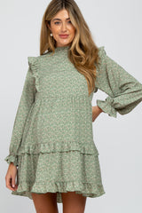 Mint Green Floral High Neck Ruffle Accent Maternity Dress