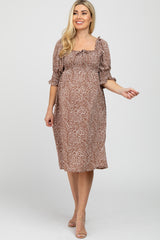 Mocha Animal Print Smocked Maternity Midi Dress