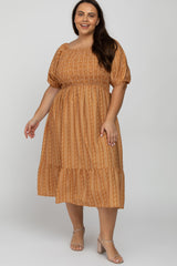 Camel Leaf Print Smocked Maternity Plus Midi Dress