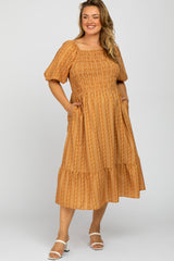 Camel Leaf Print Smocked Maternity Plus Midi Dress