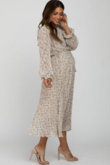 Beige Floral Chiffon Pleated Self Tie Maternity Midi Dress