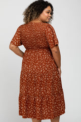 Rust Floral Smocked Tiered Maternity Plus Midi Dress