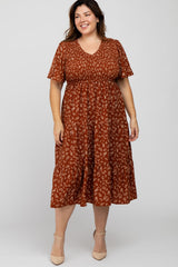 Rust Floral Smocked Tiered Maternity Plus Midi Dress