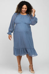 Blue Chiffon Dotted Ruffle Sleeve Maternity Plus Midi Dress