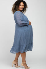 Blue Chiffon Dotted Ruffle Sleeve Maternity Plus Midi Dress