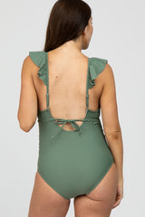 Olive Ruffle Tie Maternity One-Piece Swimsuit