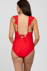 Red Ruffle Tie Maternity One-Piece Swimsuit