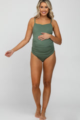 Olive Ribbed One-Piece Maternity Swimsuit