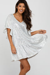 Silver Sequin Ruffle Hem Maternity Dress