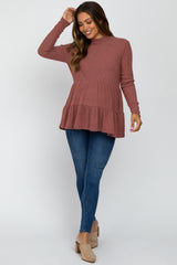 Mauve Brushed Tiered Mock Neck Maternity Top