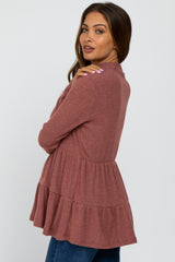 Mauve Brushed Tiered Mock Neck Maternity Top