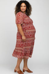 Red Floral Smocked Ruffle Hem Maternity Plus Midi Dress