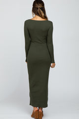 Olive Ribbed Long Sleeve Maternity Maxi Dress