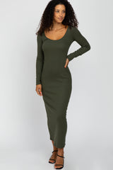 Olive Ribbed Long Sleeve Maternity Maxi Dress