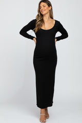 Black Ribbed Long Sleeve Maternity Maxi Dress