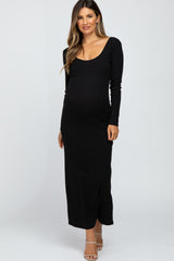 Black Ribbed Long Sleeve Maternity Maxi Dress