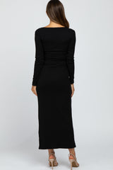 Black Ribbed Long Sleeve Maternity Maxi Dress