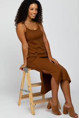 Rust Ribbed Sleeveless Midi Dress