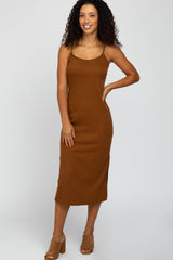 Rust Ribbed Sleeveless Midi Dress