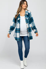 Teal Plaid Brushed Button Down Maternity Over Shirt