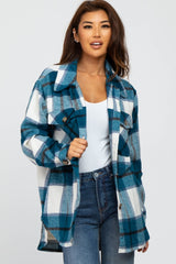 Teal Plaid Brushed Button Down Maternity Over Shirt