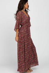 Burgundy Floral V-Neck Maxi Dress