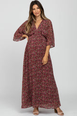 Burgundy Floral V-Neck Maternity Maxi Dress