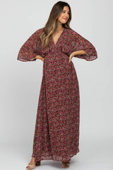 Burgundy Floral V-Neck Maternity Maxi Dress