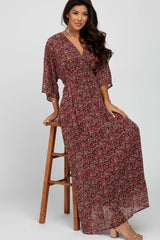 Burgundy Floral V-Neck Maternity Maxi Dress