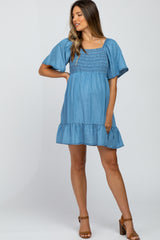 Blue Smocked Tie Back Maternity Mini Dress