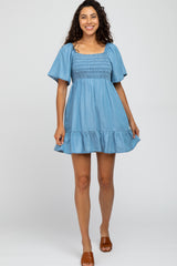 Blue Smocked Tie Back Maternity Mini Dress