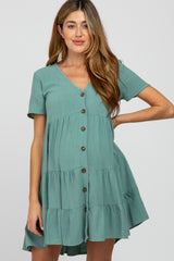 Light Olive Linen Tiered Button Front Maternity Dress