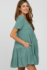 Light Olive Linen Tiered Button Front Maternity Dress