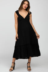 Black Ruffle Accent Maternity Midi Dress