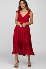 Burgundy Ruffle Accent Maternity Midi Dress