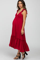 Burgundy Ruffle Accent Maternity Midi Dress