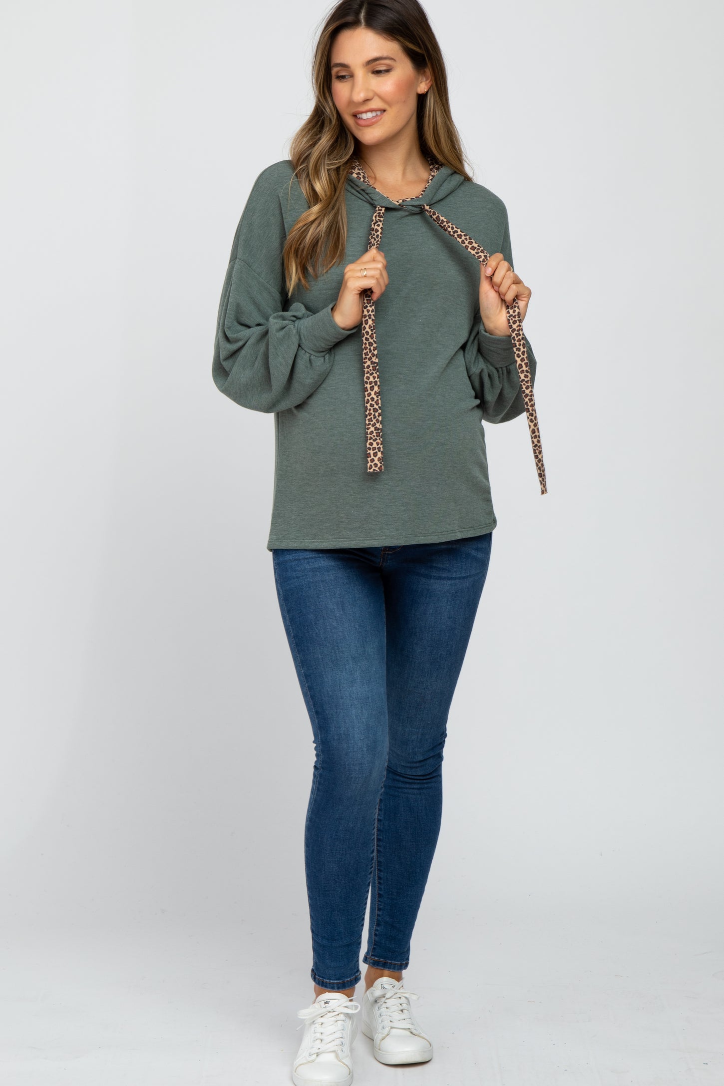 Olive Animal Print Drawstring Maternity Hooded Top