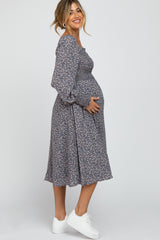 Blue Floral Smocked Maternity Midi Dress