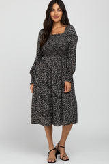 Black Floral Smocked Maternity Midi Dress