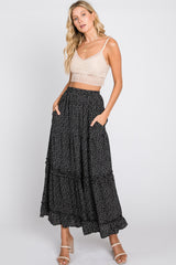 Black Floral Chiffon Ruffle Tiered Maxi Skirt