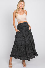 Black Floral Chiffon Ruffle Tiered Maxi Skirt