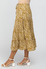 Yellow Leaf Print Tiered Midi Skirt